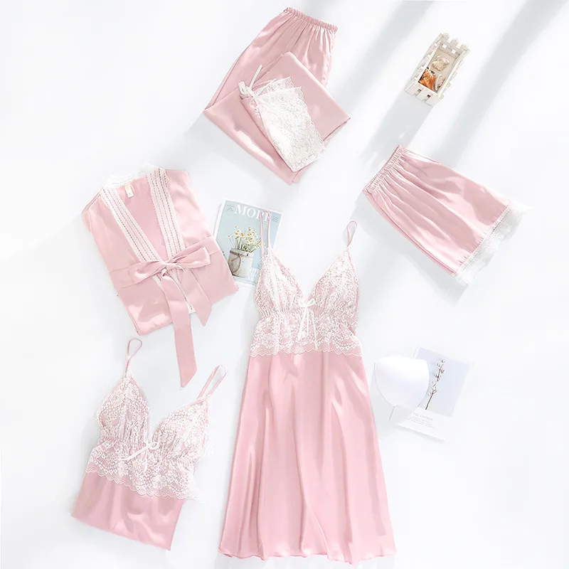 Women Satin Pajama Sets Summer Lace Sling Top&Shorts&Robe Women's Suit Long Sleeve Pijama Sleepwear With Chest Pad Home Clothes