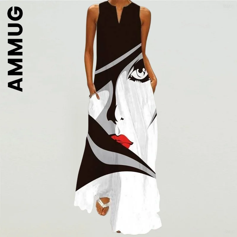 

Ammug Women Fashion Dress Club Dresses Boho Sleeveless V-Neck Long Dress Basic Leisure Vestidos Female Woman Clothes