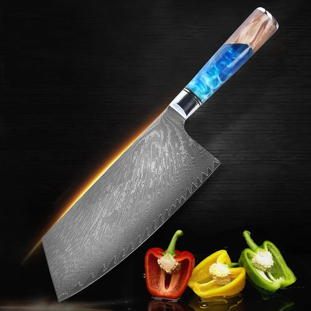 Фото Дамасский нож для измельчения овощей, ножи для мяса, 8-дюймовая ручка из Rezin, кухонные ножи, профессиональные ножи шеф-повара, инструменты для приготовления пищи №3
