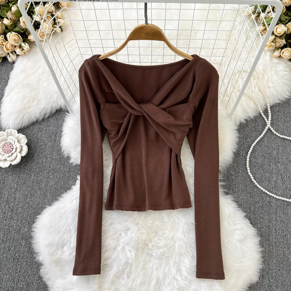 

Vintage Pure Crafty V-neck Bow Cross Base Long Sleeved Slimming Short T-shirt