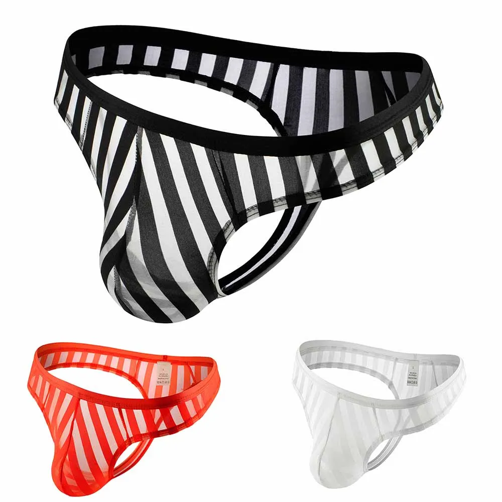 

Men 2022 Striped Mesh Bulge Pouch Lingerie G-String Thong Sexy Low Waist Male Briefs Sheer Comfortable Underwear Sissy Panties