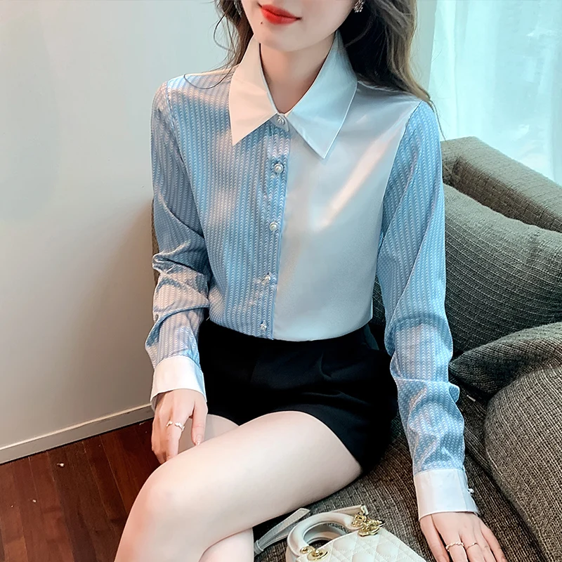 

Блузка женская из поплина, Модный повседневный топ на пуговицах, рубашка-поло с длинным рукавом, комбинированная летняя одежда Movafag