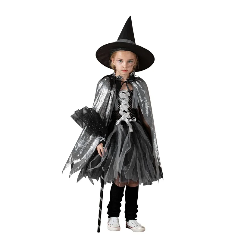 

Halloween Girl Witch Costume Lightweight Soft Cape and Witch Hat Broom for Kids Role-Playing Party Cosplay Outfit