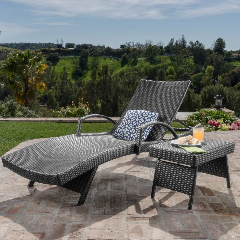 

Anthony Outdoor Wicker Armed Chaise Lounge with Wicker Accent Table, Grey