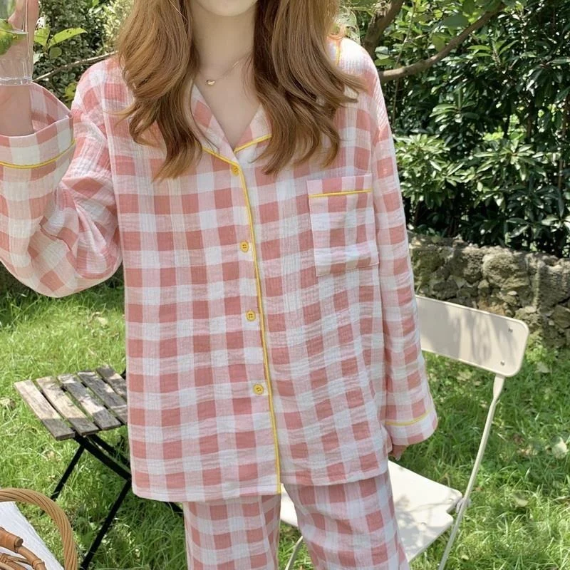 QWEEK Cotton Women's Nightwear Korean Sleepwear Plaid Pajamas Female Set Woman 2 Piece Pijama Long Sleeve Pyjamas Home Suit Pjs