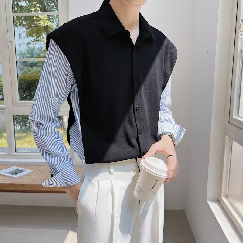 

Мужская хлопковая рубашка в полоску, черная/серая рубашка с длинными рукавами и воротником с лацканами, 2023