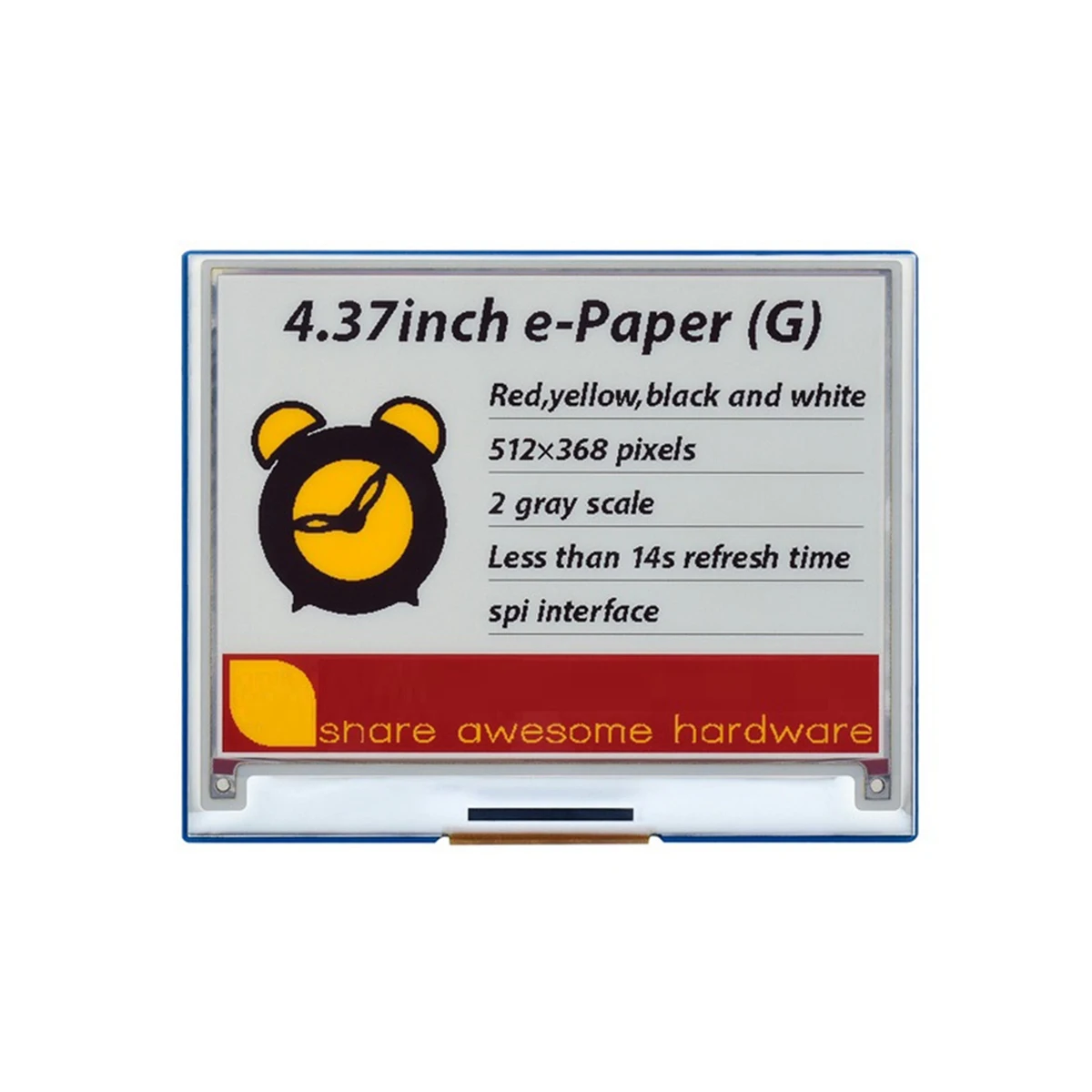 

Waveshare E-Paper E-Ink Screen with Module 512X368 Pixels Red Yellow Black White Four-Color Ink Screen SPI Communication