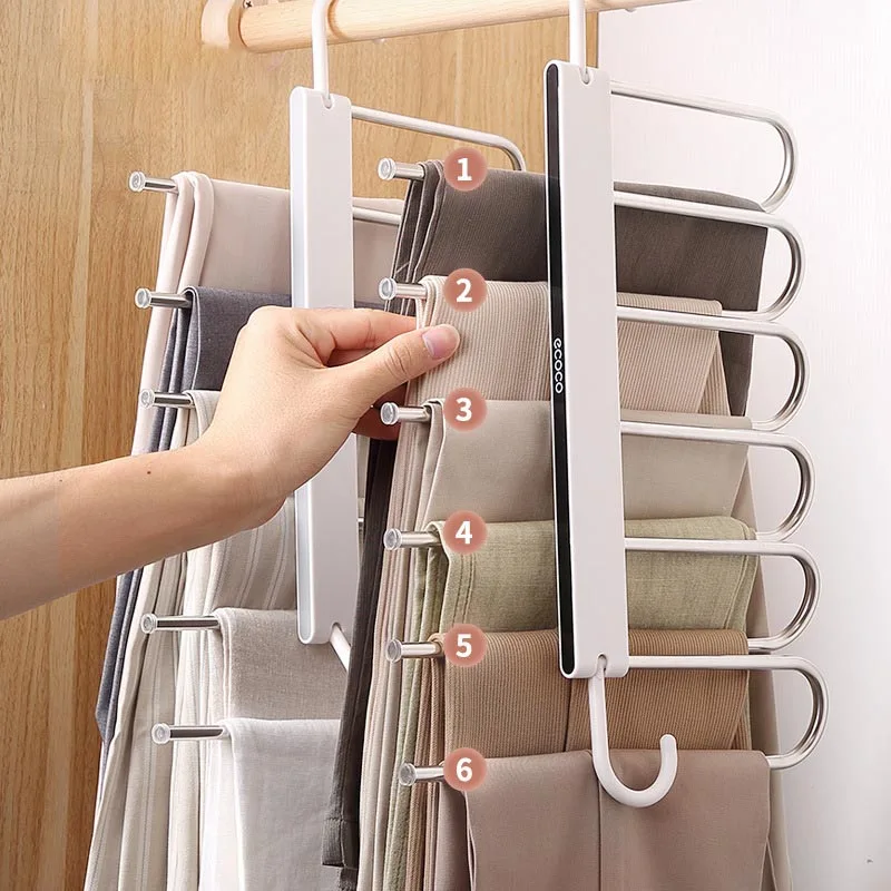 

6 Layes Multifunction Folding Pants Rack Trouser Storage Racks Pants Tie Storage Shelf Closet Organizer Stainless Clothes Hanger