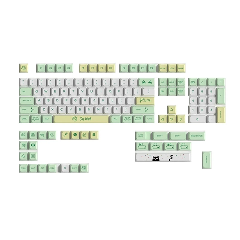 

133Key Green Cat Cartoon Keycaps XDA Dye Sub For 61/68/84/87/96/104 Mechanical JIAN