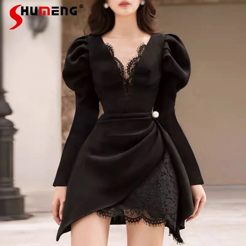 Hepburn Slim Waist V-neck Black Bubble Long Sleeve Dress Women Lace Stitching Bodycon Mini Dress 2022 Spring Autumn Party Dress