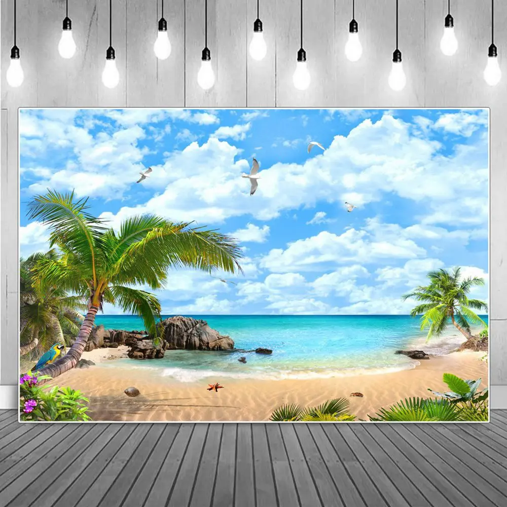 

Rock Shoal Seaside Backgrounds Summer Tropical Palm Tree Beach Petrels White Cloud Photography Backdrops Photographic Portrait