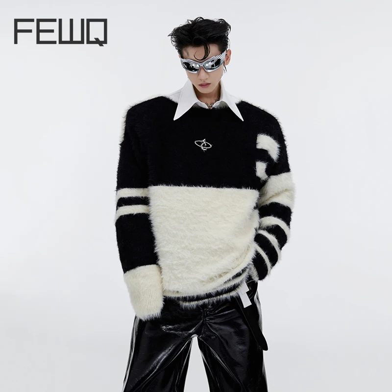 

Мужской свитер в полоску FEWQ, с круглым вырезом, вязаные топы, свободные повседневные пуловеры, теплая уличная одежда, новинка сезона осень-зима, 9C1973