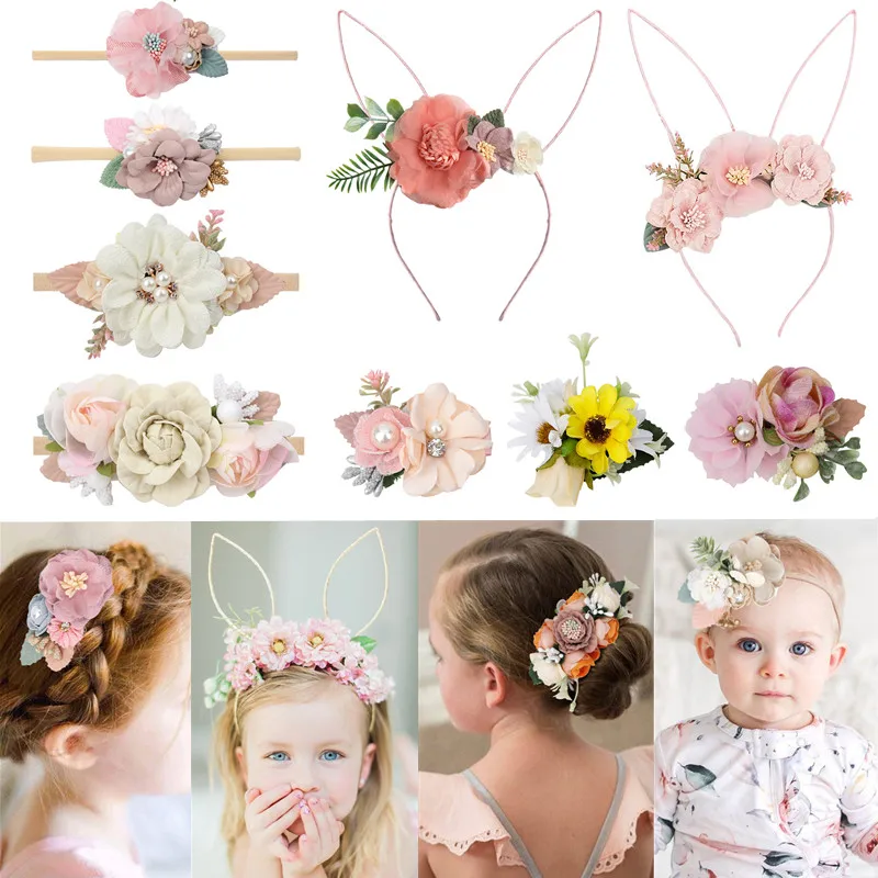 2022 Fashion Children Baby Cute Flower Crown Hairband Rabbit Bear Ear Headbands kawaii Baby Hair Accessories лето diadema niña