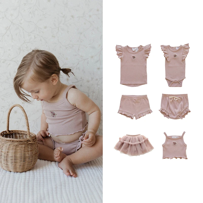 

Baby Clothes Sets Summer Newborn Pink Floral Embroidery Romper Girls Ruffles Sling Tops And Shorts Bloomers Suit Toddler Outfits