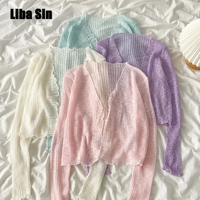 

Pearl Diar Women Summer Knitted Fashion Sun Protection Clothing Women Thin Cardigan Solid Color Slim Fit Fungus Edge Cropped Top