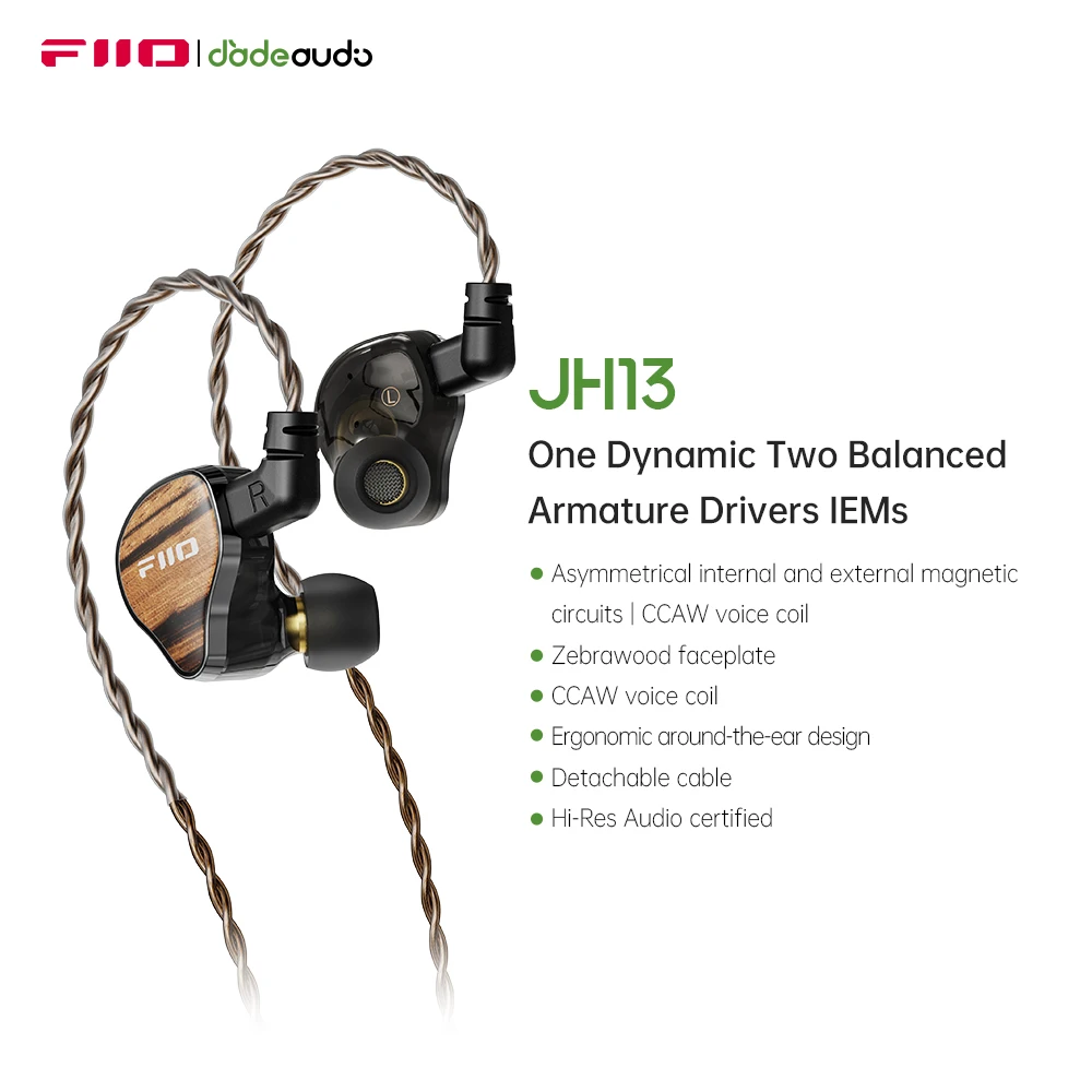 Фото Гибридные HiFi IEM FiiO JH13 — драйверы 1DD + 2BA, аудиофильские наушники с деревянной лицевой панелью и съемным 2-контактным кабелем 0,78 мм №1