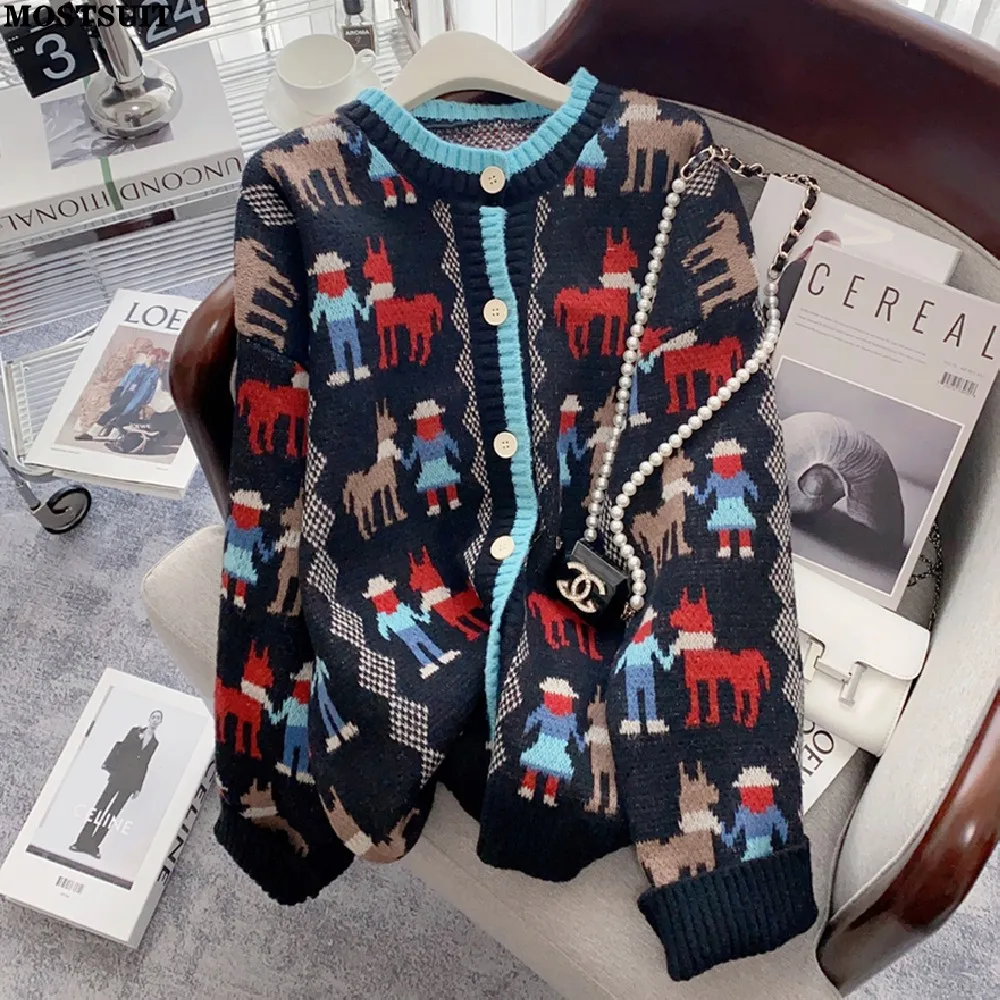 

Cartoon Jacquard Thicken Sweater Coat Women Long Sleeve O-neck Cardigan Jacket 2022 Winter Loose Fashion Vintage Jumpers Tops