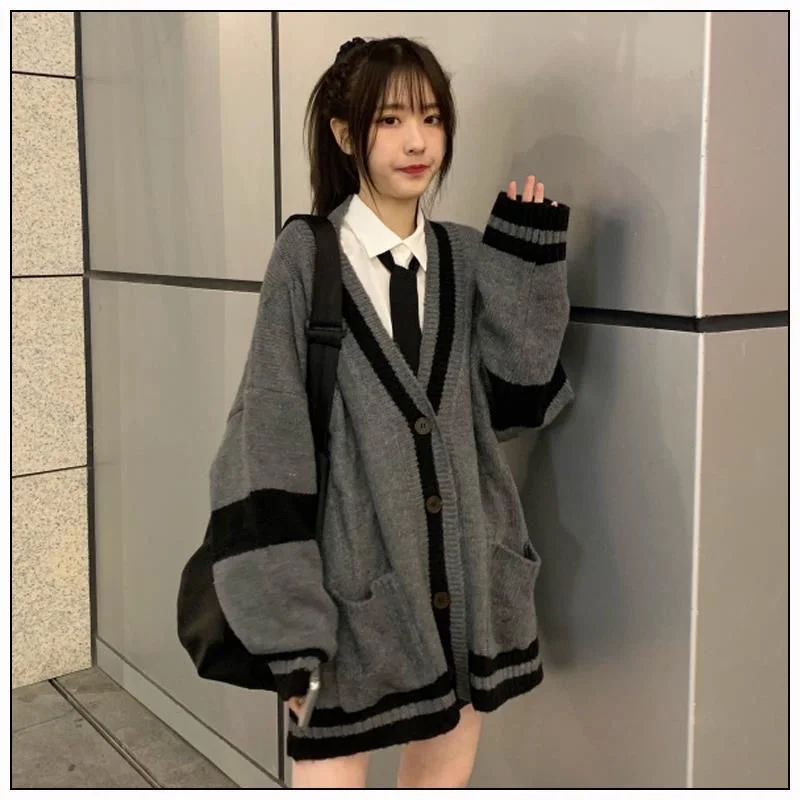 

Korean Fahsion Oversized Cardigan Women Bf Long Sleeve V Neck Cardigan Female Casual Single Breasted Knitted Tops Mujer