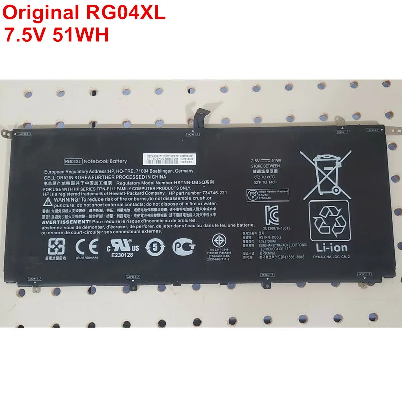 

7.5V 51WH Genuine New Laptop Battery RG04XL For HP Spectre 13-3000 13t-3000 HSTNN-LB5Q 734746-421 734998-001 TPN-F111 Original