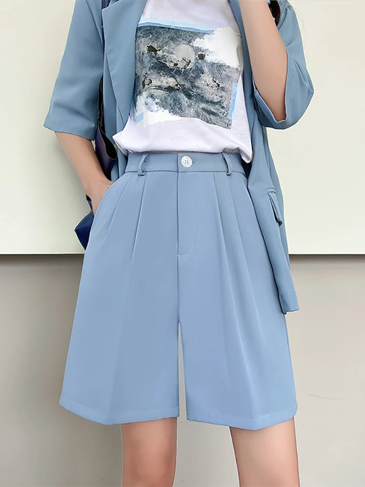 

Шорты женские однотонные с завышенной талией, модные Костюмные повседневные, на молнии, свободные штаны, элегантные офисные тонкие прямые, на лето