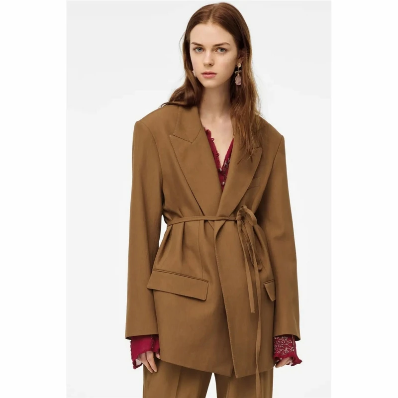 Simple High Waist Office Blazer Suit with Bandage Women Solid Colors Lace Up Loose Casual Blazer 2021 Autumn Spring New Fashion