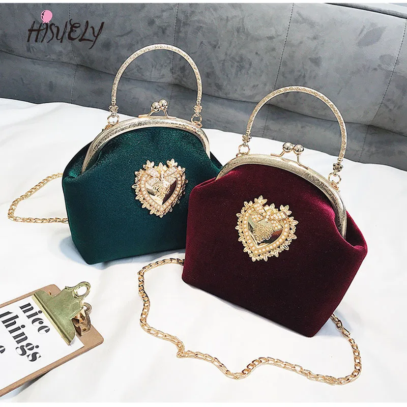 

2023 Female Velvet Pearl Handbag Vintage Velour Heart Design Evening Bag Wedding Party Bride Clutch Velour Badge Bag Purse Q3