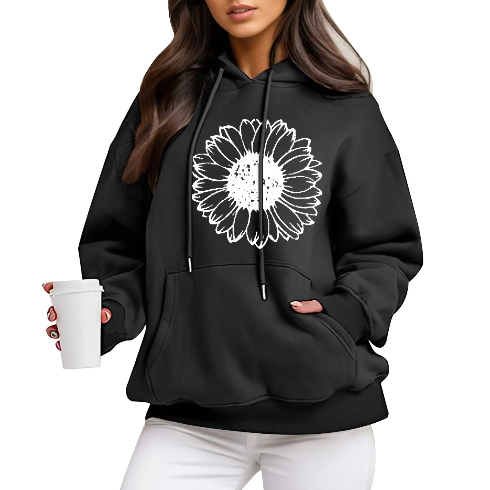 

Womens Daisy Print Hoodies Korean Retro Oversize Hooded Tops Outdoor Sports Pockets Drawstring Leisure Warm Sweatshirts Pullover