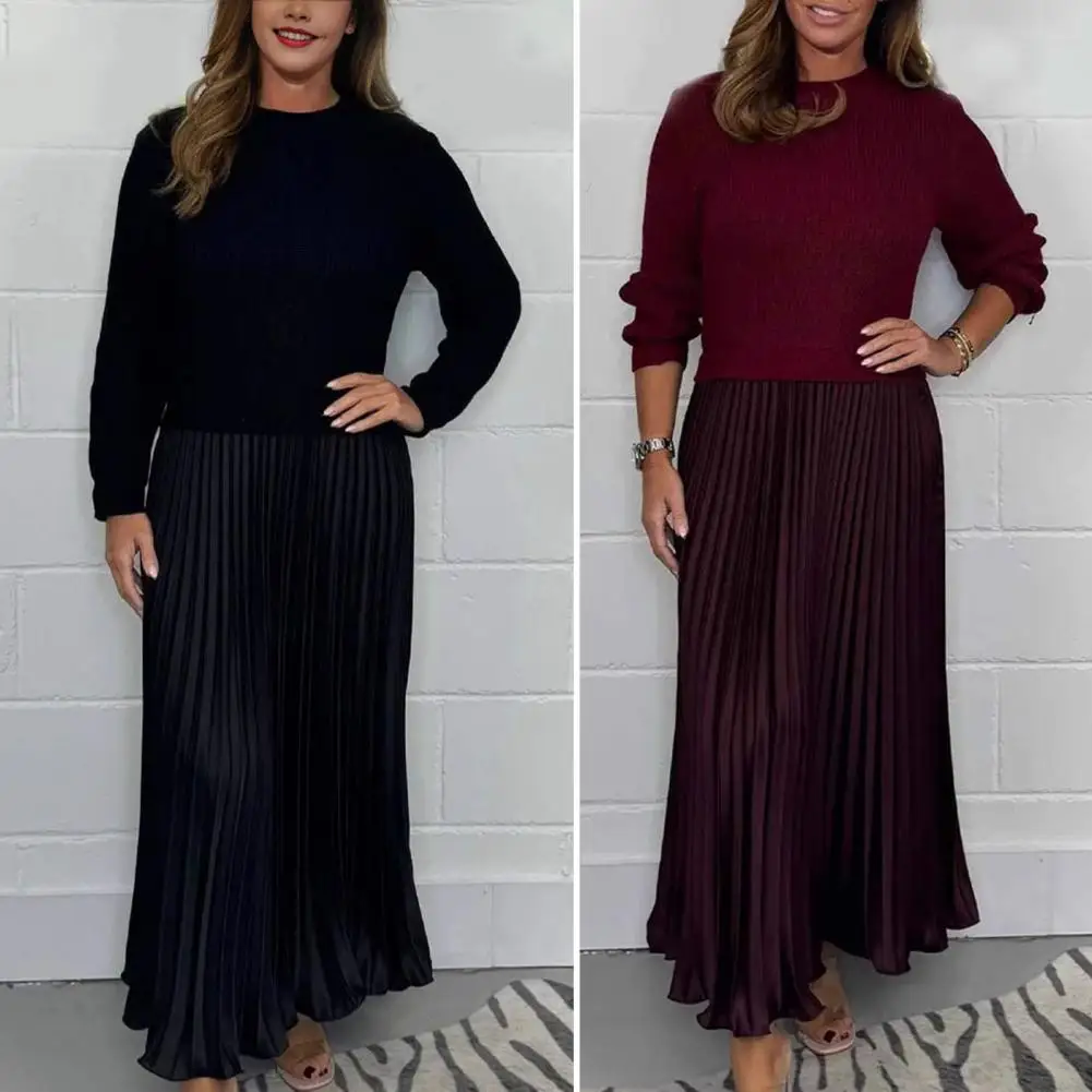 Женское платье макси Элегантное вязаное платье-свитер с плиссированной юбкой в