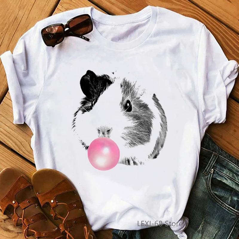 

2022 Hot Sale Funny Tshirt Women Bubble Gum Guinea Pig T Shirt Femme Harajuku Kawaii Clothes Summer Short Sleeve T-Shirt Female