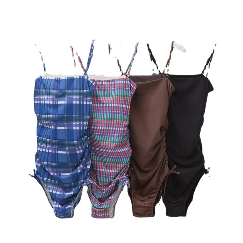 

Ins Style New One-piece Swimsuit Women Retro Korean Style Simple Tube Top Drawstring Swimsuit