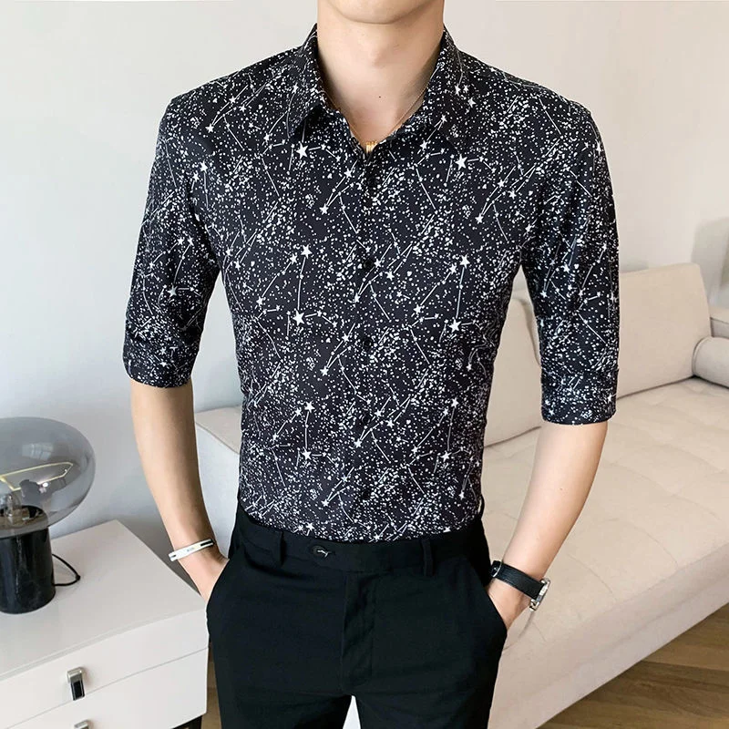 

Spring Pattern Black 2023 and White Polka Dot Printed Men's Trendy Floral Half-sleeved Shirt Slim Fit Ruffian