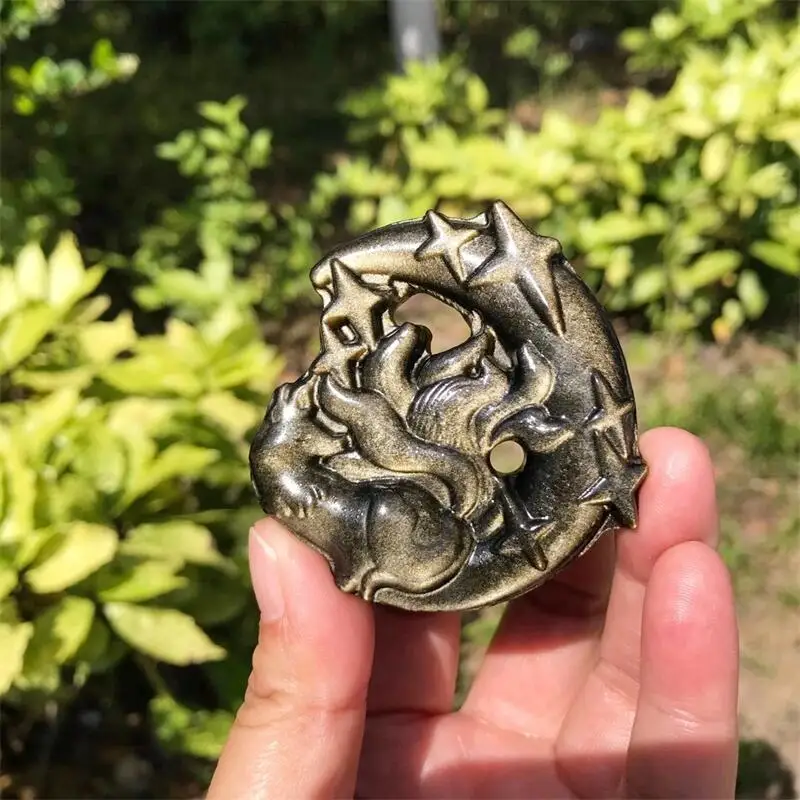 

5.5cm Natural Gold Obsidian Moon Fox Pendant Fashion Healing Energy Crystal Carving Craft Home Decoration Gift 1pcs