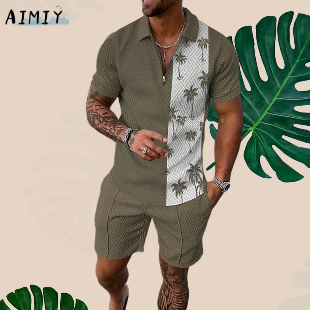 Summer Men's Zip Polo Shirt Golf T-Shirt Set Graphic Prints Tracksuit Turndown Street Short Sleeve Sweatshirt Streetwear Clothes