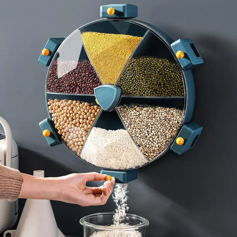 

Large 6 Grid Rotating Rice Cereal Dispenser Cornflakes Dry Food Storage Container Wall Mounted Hanging Kitchen Organizer Grain