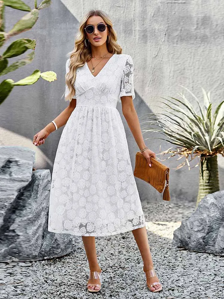 

Женское жаккардовое платье, повседневное кружевное платье миди с V-образным вырезом и коротким рукавом, элегантное Сетчатое платье, лето 2023