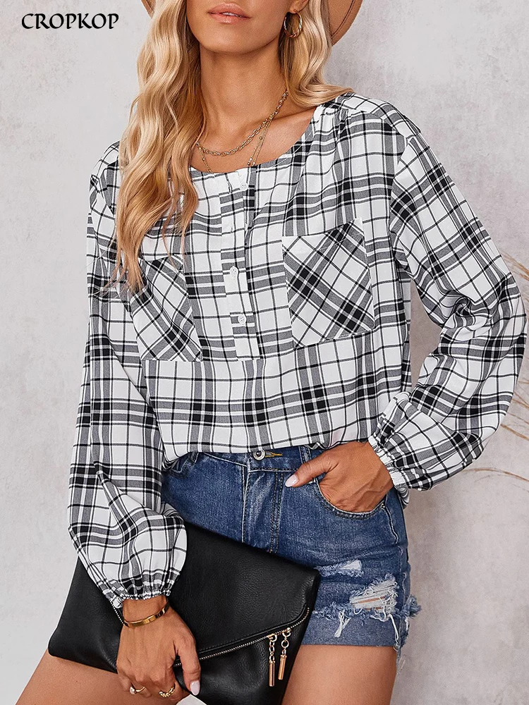 

Elegant Plaid Women's Shirt Fashion Button Stitching Long Sleeve Top Spring Autumn Casual Loose White Blouses 2022