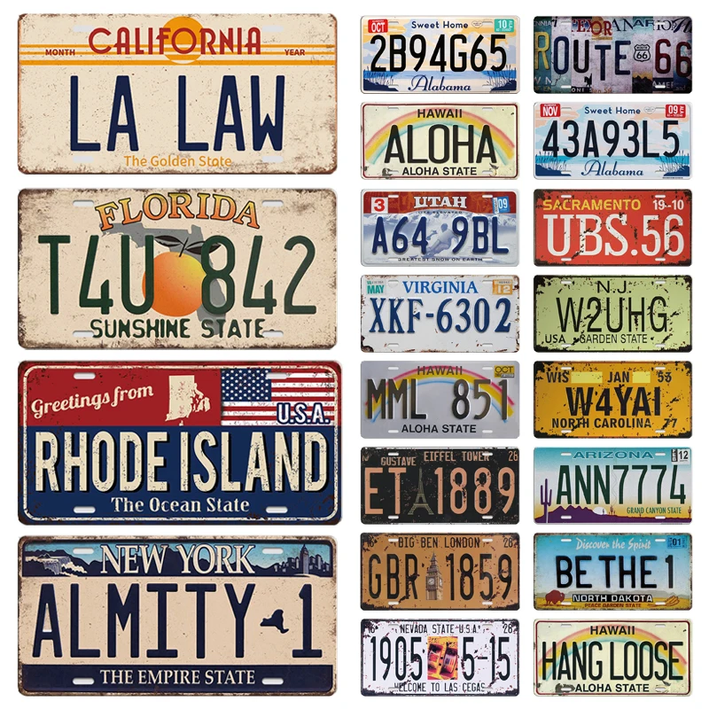 

Car Number Metal License Plate Vintage Metal Tin Sign USA Texas New York Eiffel Retro Art Painting Bar Pub Garage Wall Decor