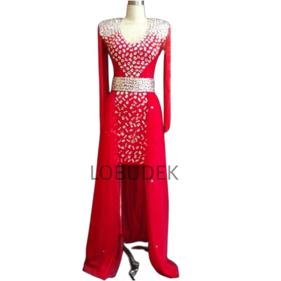 

Female Crystals Costumes Red Diamond Tassels Tailing One Piece Dress Prom Party Singer Host Stage Performance Outfits Bar Show