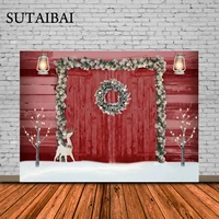 Winter Christmas Red Barn Door Backdrop Merry Xmas Rustic Farm Wooden Wall Trees Snowy Photography Background Family Holiday