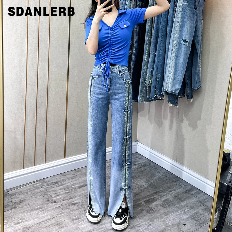 

Chinese Style Buckle Split Rhinestone Wide-Leg Jeans for Women 2022 Spring and Summer New Loose Straight Drooping Mop Pants