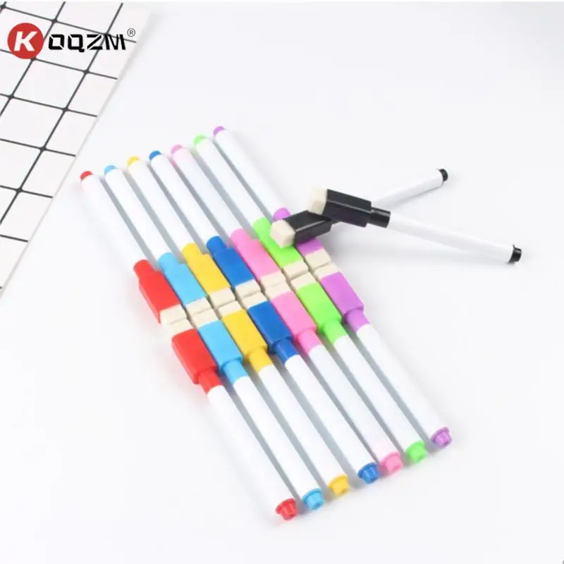 

8Pcs/lot Colorful Black School Classroom Whiteboard Pen Dry White Board Markers Built In Eraser Student Children's Drawing Pen