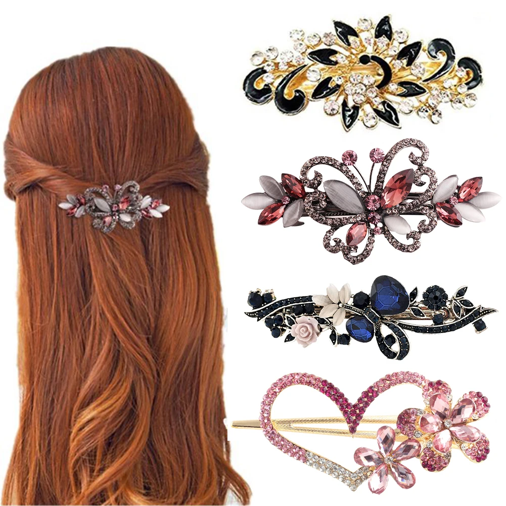 

4Pcs Women Heart Butterflies Jewelry Formal Event Hair Clip Bridal French Peacock Flower Rhinestone Wedding Vintage Gift Crystal