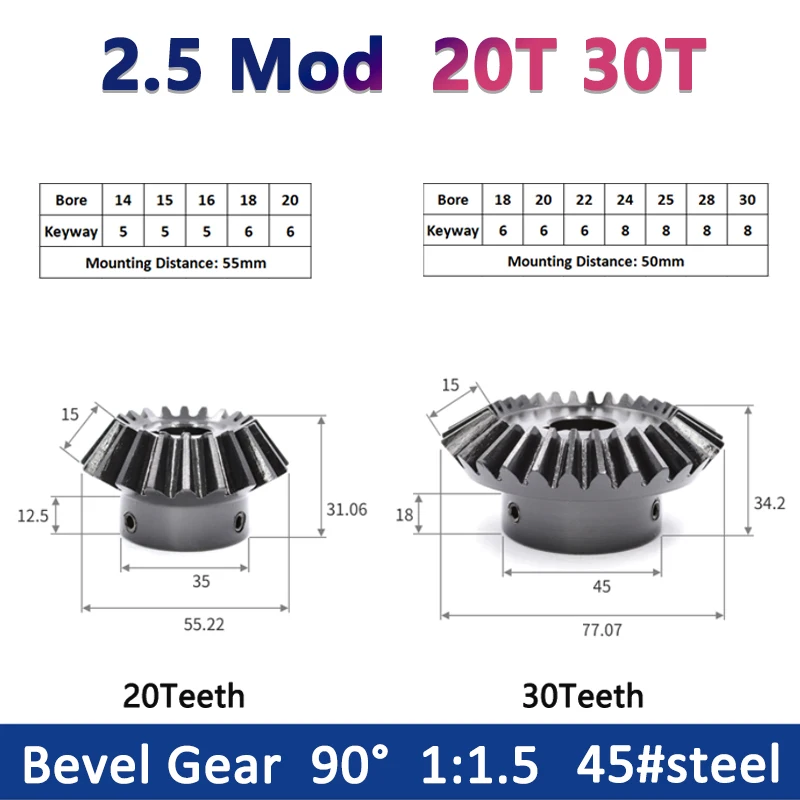 

1PCS 1:1.5 Bevel Gear 2.5M 20T 30T Keyway Bore 14/15/16/18/20/22/24/25/28/30mm 90 Degrees Meshing Angle Steel Gears 45# Steel