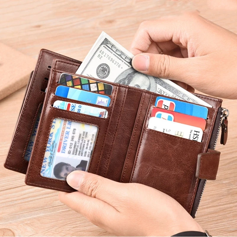 Vintage Soft Leather Men's Wallet Zipper RFID Blocking Coin Purse Business Card Holder Multi Function Male Money Clip