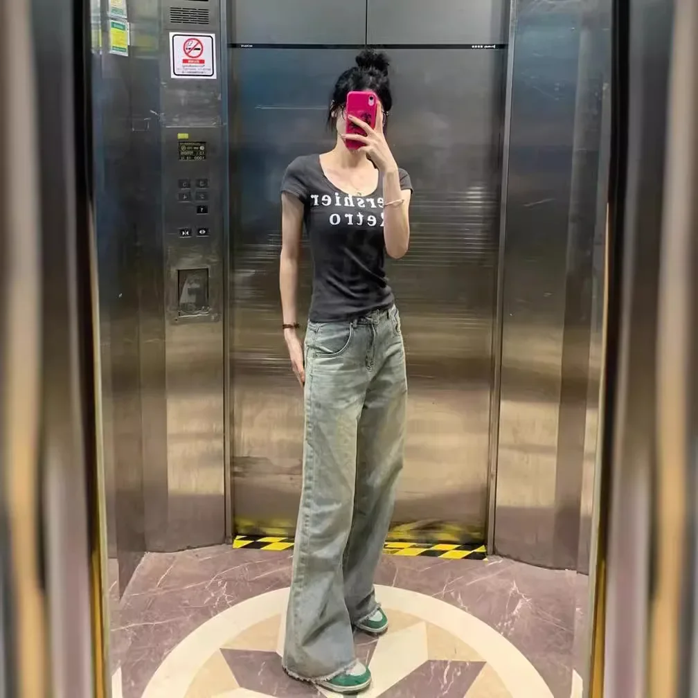 American Sweet Spicy Girl U-neck Tight Short Sleeve Shoulder T-shirt Women Summer Small Design Sexy Slimming Top |