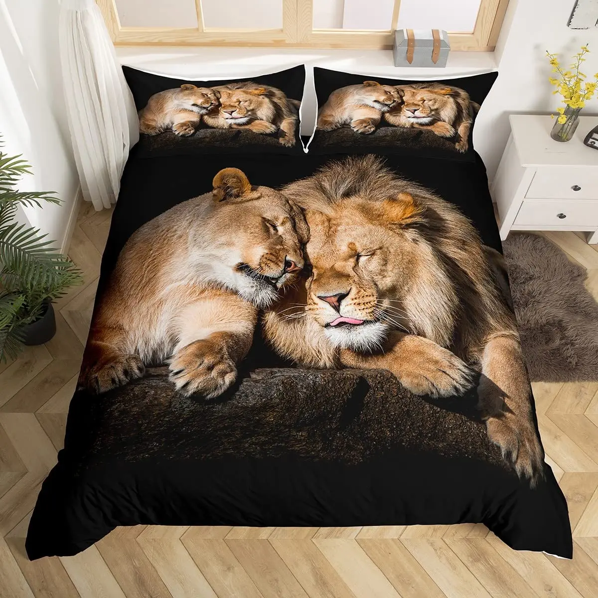 

Lion Animals Duvet Cover Lightning Lion Pattern Jungle Wildlife Grey Black Bed Cover for Teens Boys Young Man Decoration Room