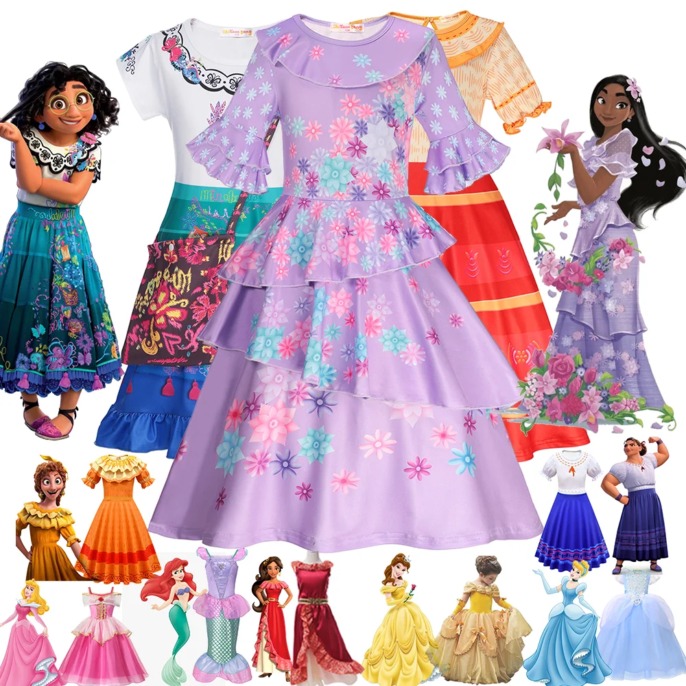 2022 Encanto Disney Princess Elsa Dress Girls Mirabel Clothing Isabel Costume Kids Cinderella Rapunzel Aurora Frozen 2 Cosplay