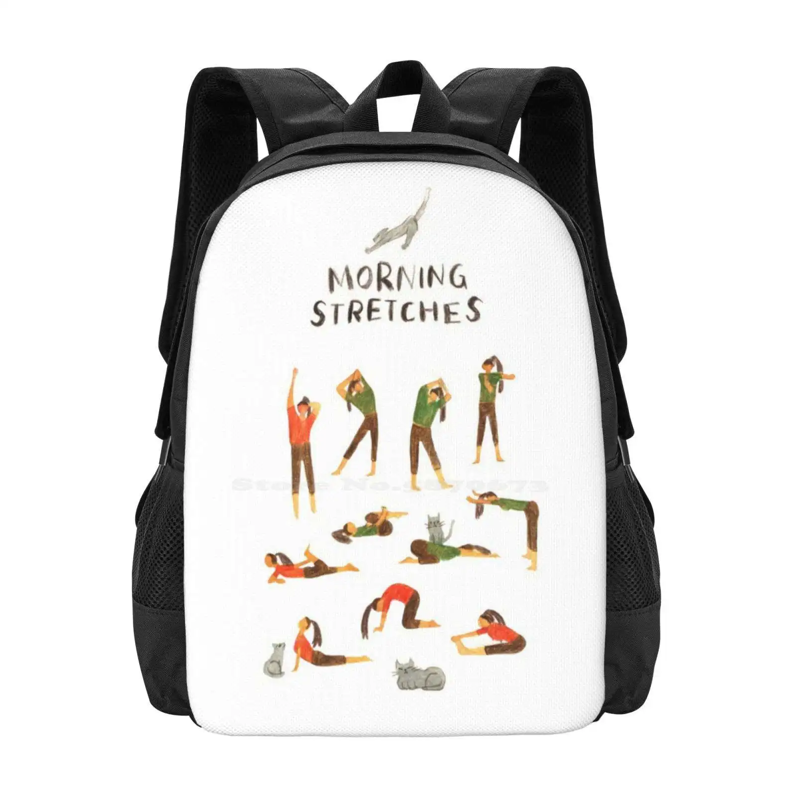 Morning Stretches / Yoga Pattern Design Bag Student'S Backpack Yoga Yogi Healthy Stretches Stretching Cat Workout Watercolor