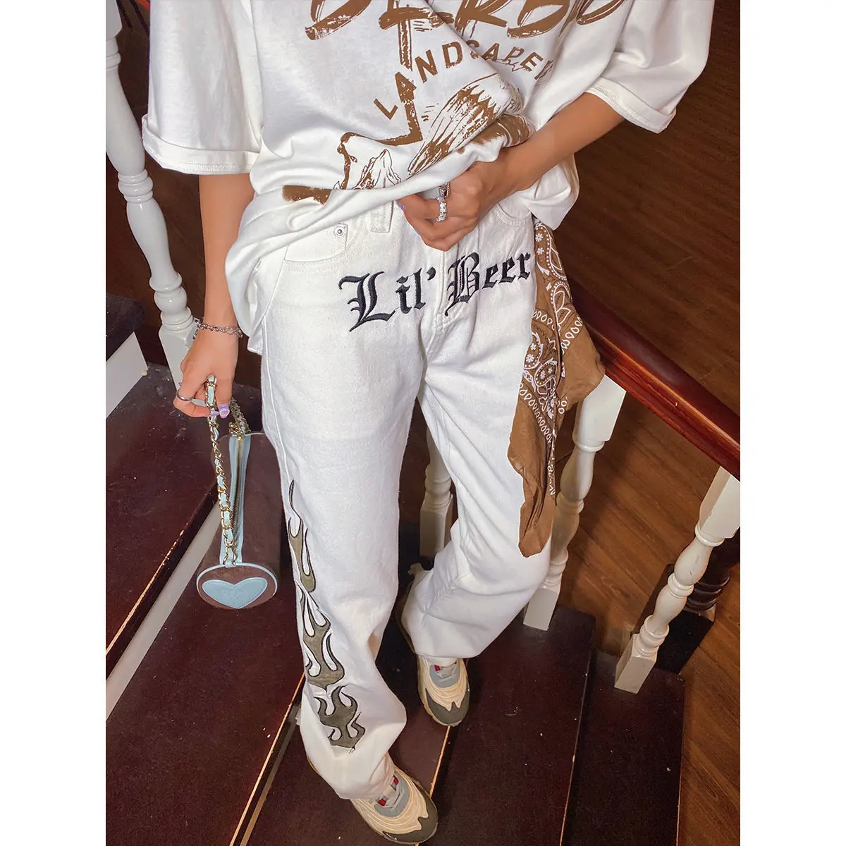 

2022 new BF design sense fried street white casual pants women's straight American retro tide brand denim daddy fashion pants