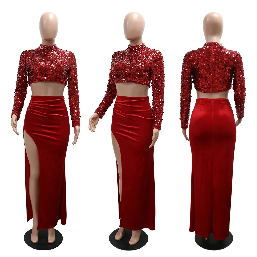 Зимние женские бархатные комплекты с длинными рукавами и блестками жемчугом